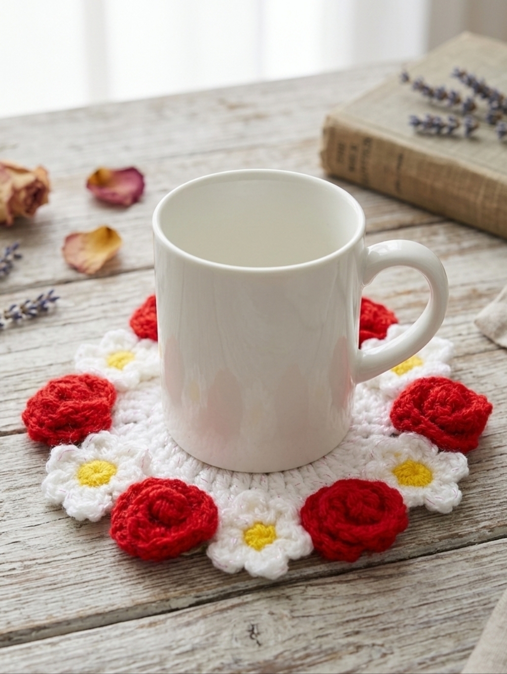 Handmade White Crochet Floral Coaster with Red Roses - Picture 3 of 3